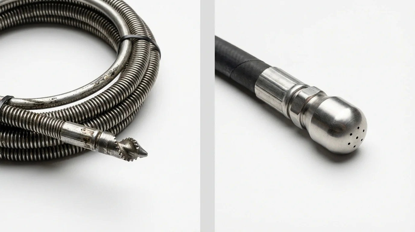 Drain snake cable and hydro jetting nozzle used for drain cleaning in Lancaster, TX