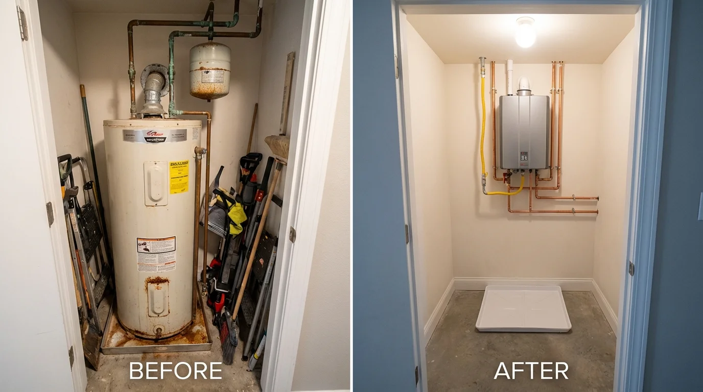 Tank water heater versus wall-mounted tankless unit comparison for Lancaster, TX homeowners