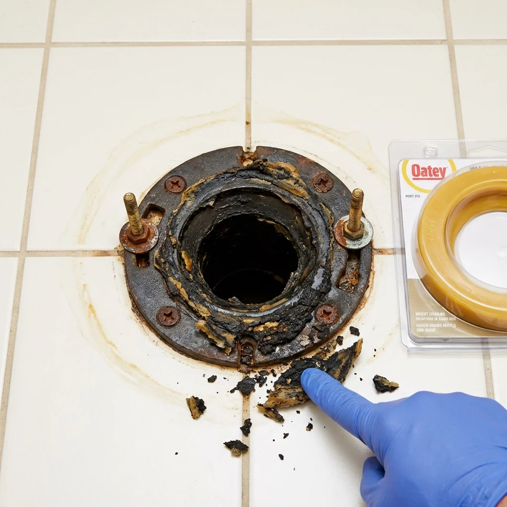 Failed wax ring showing water seepage at the base of a toilet in a Lancaster, TX home