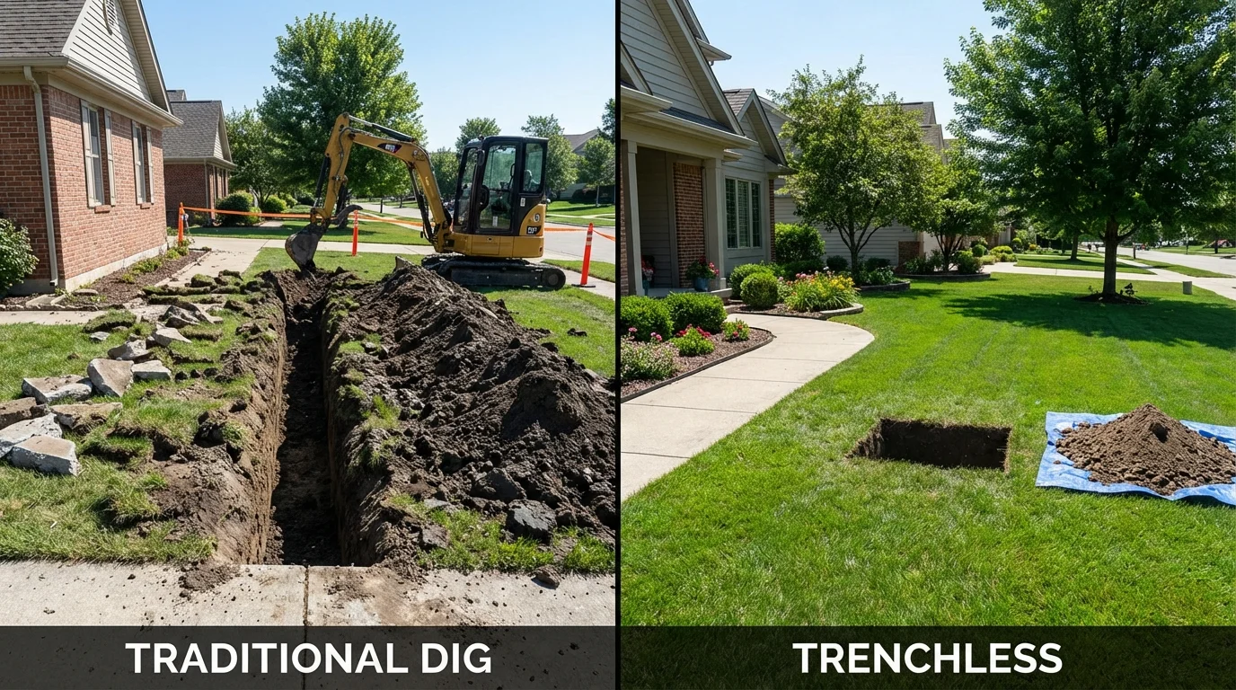 Trenchless sewer repair with minimal yard damage versus traditional excavation in Lancaster, TX